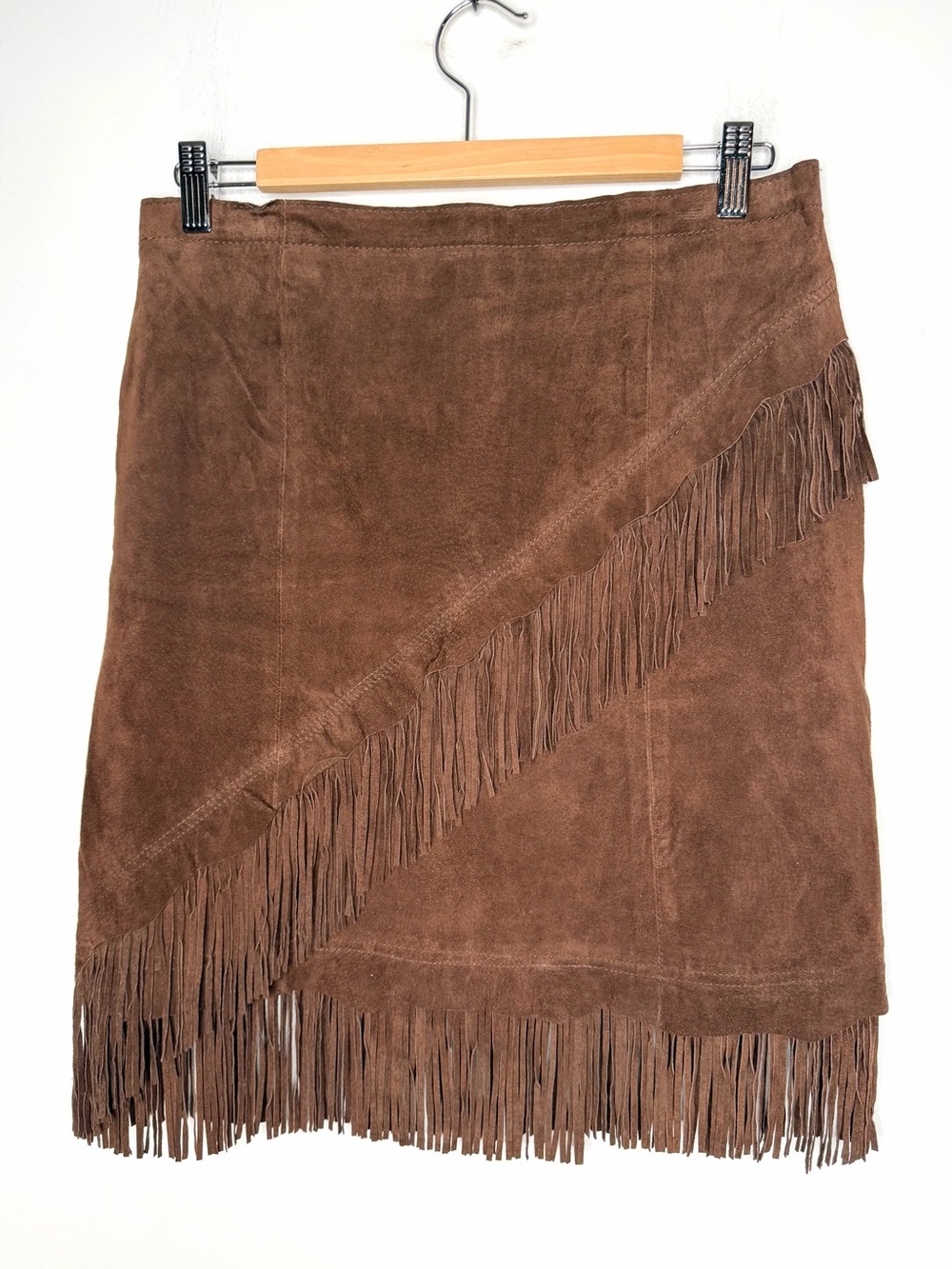 Skully Brown Suede Leather Fringe Western Boho Skirt Size Small